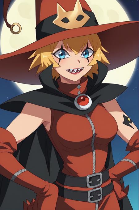 witchmon, gloves, hat, dress, boots, belt, cape, black footwear, grin, high heels, witch hat, red dress, cat, red gloves, witch, black cat