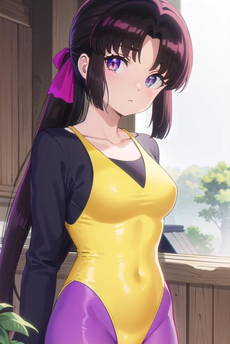 asuka mizunokoji, long hair, black hair, bow, ponytail, hair bow, (purple eyes:1.1), + +, (parted bangs:1.5), pantyhose, leotard,