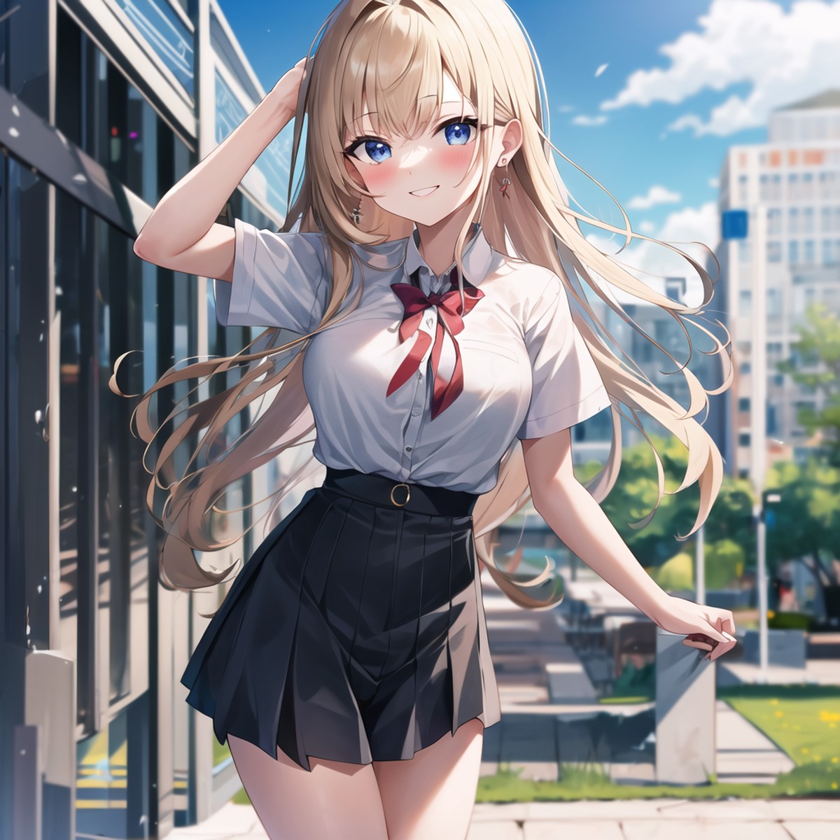 high quality, best quality, masterpiece, absurdres, 1girl, school yard, sunny, smile, looking_at_viewer, blush