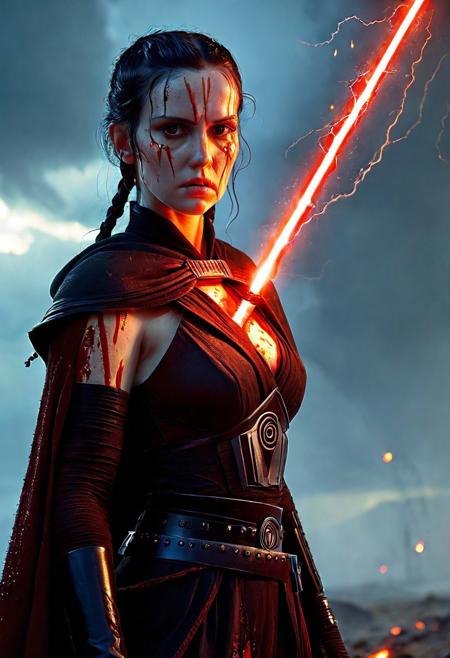 A beautiful Dark Sith lord with braided black hair stands defiantly amidst a raging storm on a desolate battlefield. Her Sith robe are intricately detailed and reflect the flickering light of distant fires, Star Wars style, The light of battle illuminates her determined expression as she prepares to face the dark enemy, holding the Red Lightsaber in his hand, Close up. Star Wars art style, Standing on a battlefield at the head of an army of Dark Siths, where a bloody slaughter is taking place, standing in battle pose, cinematic lightning, intricately detailed black and red Sith robe, The scene is reminiscent of a Greg Rutkowski concept art piece, realistic pale freckled face covered in blood, with dramatic lighting and a dark, curvy, looking at viewer, gritty atmosphere, Ultra-detailed, Raytracing reflections, High contrast, beautiful Dark Sith lord, beautiful firm body, girl athletic figure, (the pale face is very similar to Wednesday: 1.6), oranges, and greens, attractive 21 years old woman, cinematic lightning, Cinematic film still, Medium shot. Best quality, Masterpiece, The scene is reminiscent of a Greg Rutkowski concept art piece, realistic pale freckled face covered in blood, with dramatic lighting and a dark, gritty atmosphere, asymmetrical balance