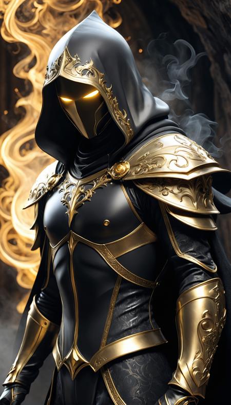 <lora:add-detail-xl:1.0>, dark fantasy, shadow knights, Andor Basch, side view, ((white and gold plug suit, black smoke in plug suit)), (burning eyes:1), (white, gold hooded cloak of leather material),(fractal art:1.2), cave background, transparency, caustics, optics, surreal, magic, unreal engine 5 quality render, a character portrait, vanitas, masterpiece, perfect anatomy, 32k UHD resolution, best quality, highres, realistic photo, professional photography,cinematic angle, reflection lights, closed up