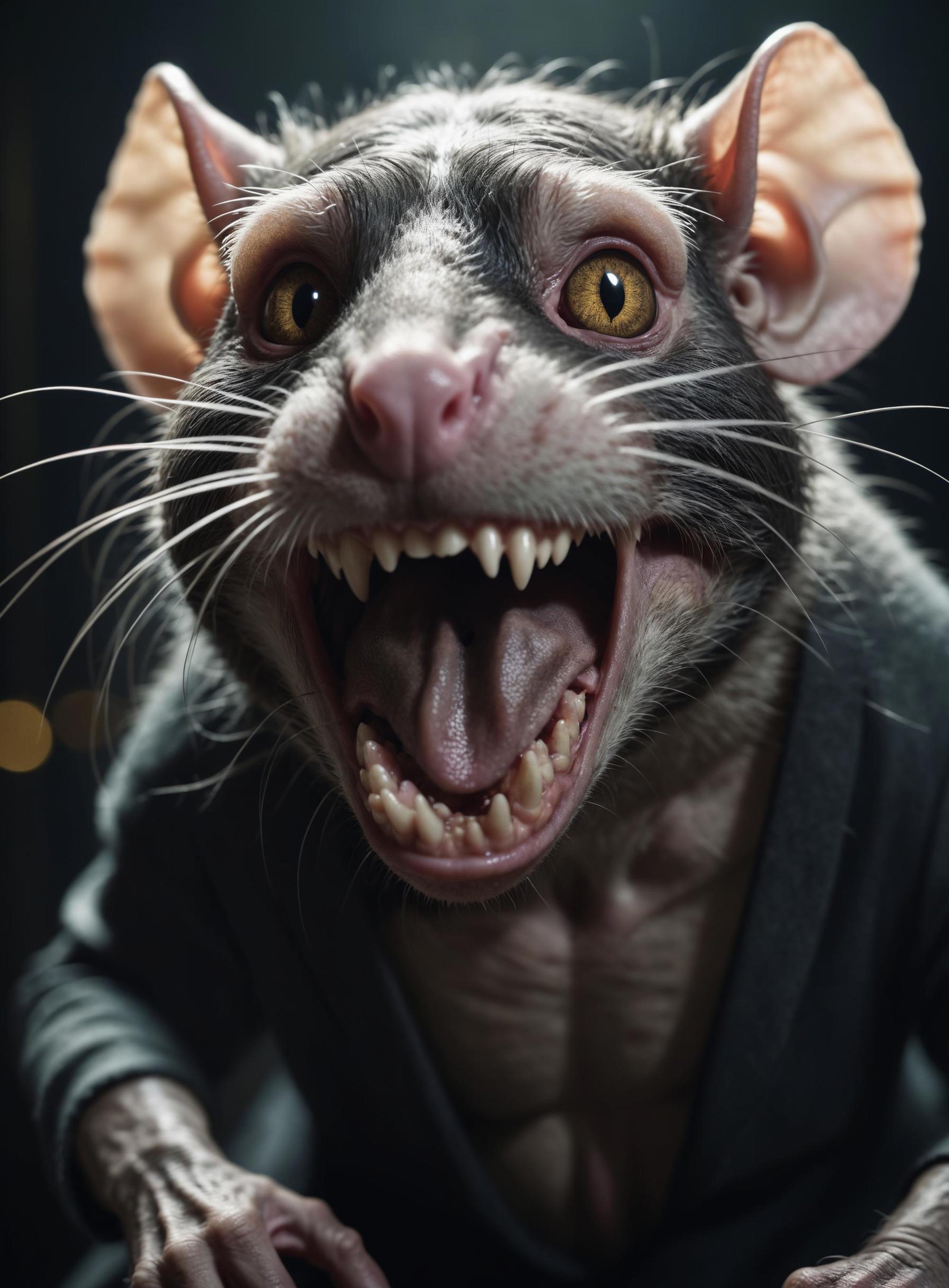 A menacing rat with large teeth and big ears wearing a black shirt.