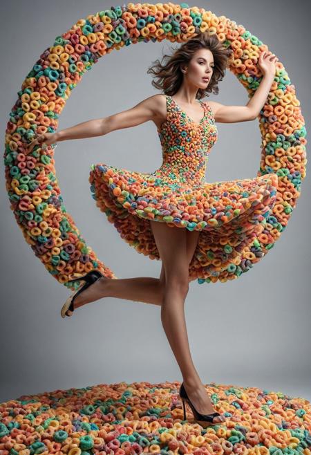 female brown haired model wearing a dress made of fruit loops, made of fruit loops high heels, jumping pose, intricate fruit loop textures forming the sleek structure, high-detailed, aesthetics, cinematic lighting, simple background, realistic, masterpiece, best quality, highly detailed, sharp focus, dynamic lighting