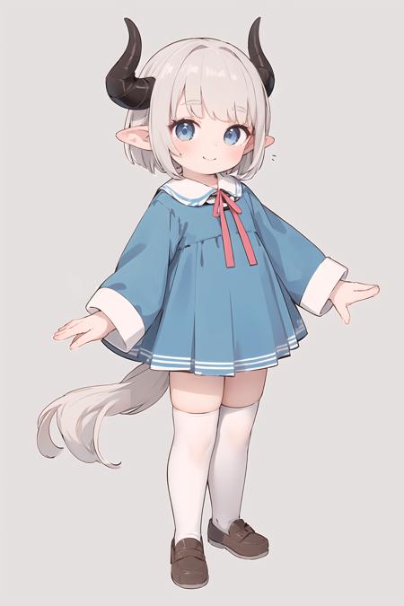 1girl, solo, horns, thighhighs, pointy ears, kindergarten uniform, tail, braid, blue eyes, white legwear, smile, twin braids, shoes, dress, child, simple background, full body, looking at viewer, short hair, standing, younger, long sleeves, eyebrows visible through hair, blush, blue dress, brown footwear, bangs