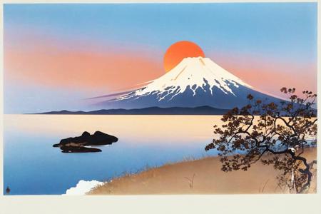 <lora:ohara koson:1>, ohara koson, mount fuji, clear sky, red sun,