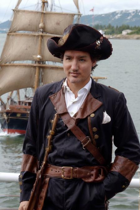 jtrudeau, dressed as a pirate, pirate hat, <lora:justin_trudeau_5:0.6>, nautical background, sailing ship in background