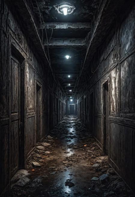 Incredibly Detailed Accurate Portrait Of the Dark Fantasy World of Underhalls, messy, filthy, dirty hallway