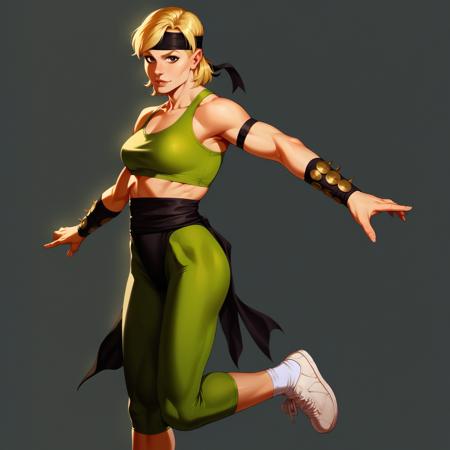 xsonyax, brown eyes, blonde hair, short hair headband, sports bra, pants, socks, sneakers, black sash, spiked arm guards, armlet