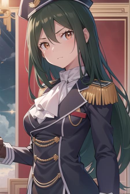 cruschkarsten, <lora:cruschkarsten-lora-nochekaiser:1>,
crusch karsten, long hair, hair between eyes, green hair, (brown eyes:1.4),
BREAK gloves, long sleeves, hat, jacket, boots, frills, white gloves, black footwear, uniform, military, ascot, military uniform, armband, epaulettes, white ascot,
BREAK looking at viewer, full body,
BREAK outdoors,
BREAK <lyco:GoodHands-beta2:1>, (masterpiece:1.2), best quality, high resolution, unity 8k wallpaper, (illustration:0.8), (beautiful detailed eyes:1.6), extremely detailed face, perfect lighting, extremely detailed CG, (perfect hands, perfect anatomy),