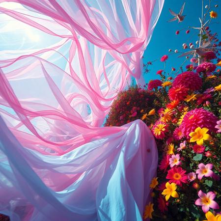 (surreal fantasy photo:1.4), (vibrant:1.2), (whimsical:1.2), (dreamlike:1.2), high saturation, bright colors, ethereal lighting, dynamic movement, wide-angle, imaginative, otherworldly, colorful flora, flowing fabric, 24mm lens, f/4, fantastical, enchanting