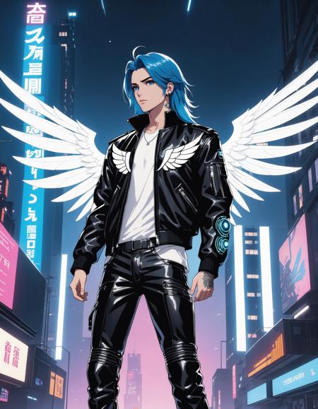 1 boy, Parker Edwards, male focus, solo, long hair, blue hair, shirt, wings, mechanical wings, long sleeves, jacket, leather , open jacket, black jacket, leather jacket, white shirt, hand up, tattoo, black pants, open clothes, standing, sky, night, cyberpunk, synthwave, pants, building, outdoors, cinematic lighting, cinematic angle, dark, dark background, masterpiece, best quality ,