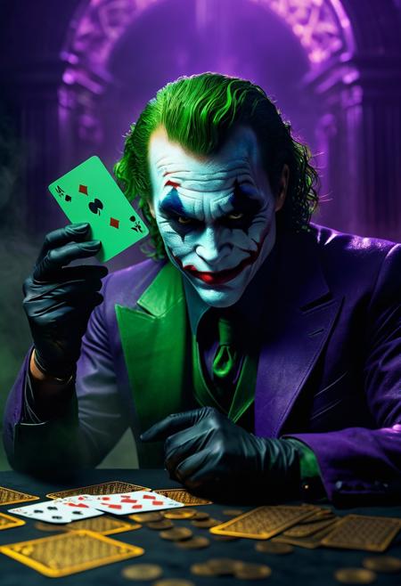 Fantasy concept art. intricate fantasy matte painting. medium shot. The Joker playing card floating in a mystical, dark purple and green foggy atmosphere. cinematic macro shot. fantasy concept art style with golden accents. eerie, glowing, Joker-like grin on the card's face. mysterious, swirling, purple fog. deep, vibrant, complementary color scheme with NYX-like shadows. high-fantasy, mysterious, detailed, cinematic, trending on Artstation, Unreal Engine 5, 8k resolution, best quality.