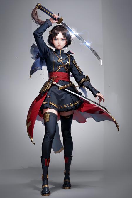 High Quality, Masterpiece, 1girl, solo, KatanaOneHand, holding, <lora:UBWKatanaOneHand:1>, overhead grip, blade down, blade right hand, arm behind back,