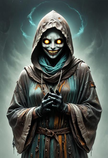 dvr-rst, colorful, creepy drawing, simple illustration, childlike illustration. creepy, scary, Studio Ghibli Dark Fairytale
A haunting, surreal portrait of a faceless figure cloaked in a pale, tattered hooded robe, holding a glossy black theatrical mask with an unsettling wide grin and hollow eyes, white-gloved hands gently gripping the mask, expressionless and mysterious, monochrome palette with subtle teal undertones, minimal background with soft lighting and no shadows, unnerving atmosphere, psychological horror aesthetics, uncanny valley vibe, futuristic cult symbolism, smooth fabric texture, fine garment detail, concept art, photorealistic rendering, creepy elegance, digital art, high detail, award-winning composition, trending on ArtStation, 4K resolution, cinematic lighting, surreal character design