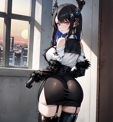 <lora:nerissa_ravencroft_v3-000008:1> (nerissa ravencroft)
(1girl, solo:1.3)
standing, cowboy shot
(asymmetrical horns), horns, demon horns, red eyes, slit pupils, [mole under eye]
black hair, blue hair, two-tone hair, long hair, hair ornament
large breasts, skindentation, thick thighs
(from behind), ass focus, huge ass, thick thighs, looking back
black ribbon
bare shoulders, fur-trimmed sleeves, fur trim, collared shirt, (white shirt), gloves, (vertical striped shirt)
(miniskirt, black skirt:1.3), belt, multiple belts
(asymmetrical legwear:1.25), (thigh boots), (single) thighhigh, black thighhighs, (single leg pantyhose:1.2)
indoors, (cafe), window, sunset