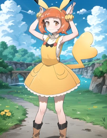 <lora:Pikala:0.7> Pikala, 1girl, smile, dress, animal ears, closed mouth, standing, tail, full body, hairband, boots, outdoors, sky, sleeveless, day, socks, cloud, arms up, blue sky, orange eyes, cosplay, eyelashes, pokemon (creature), :3, sleeveless dress, fake animal ears, scrunchie, grass, black socks, wrist scrunchie, yellow dress, yellow footwear, yellow hairband