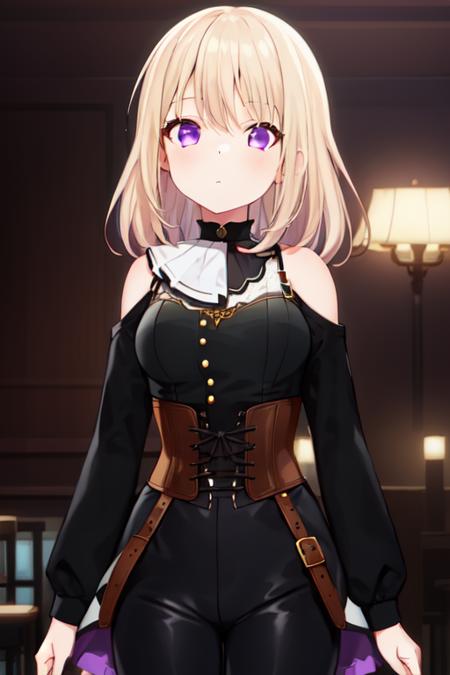 misumi uika, black dress, sleeveless dress, bare shoulders, bare arms, belt, white belt, white necktie, misumi uika, doloris, shoulder cutout, black pants, corset, long sleeves, bare shoulders, black dress, puffy long sleeves, black shirt, belt, choker, white ascot, misumi uika, serafuku, white sailor collar, short sleeves, white skirt, blue shirt, pleated skirt, purple neckerchief,  misumi uika, white shirt, brown skirt, short sleeves,