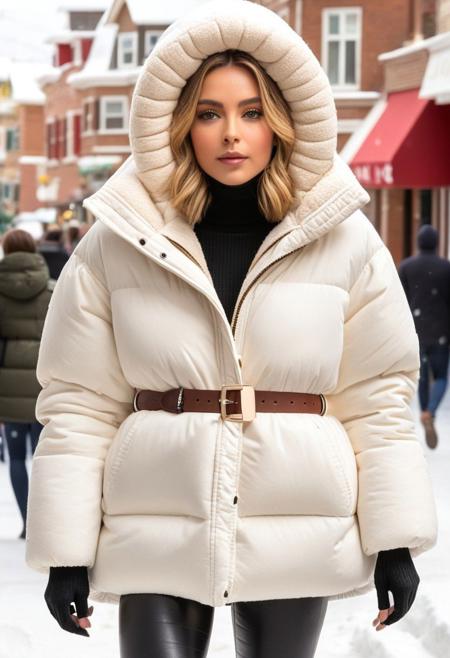 (white Oversized sherpa down coat, white Oversized sherpa puffer coat, white Oversized sherpa winter clothes, very very cold, in cold:1.5), semi-realistic, (full length portrait:1.5), (puffer hood:1.5), (fur boots:1.5), (tight pants:1.5), (belt:1.5), sharp eyelid, eyeliner, eyelashes, beautiful detailed eyes, tsurime, short hair, blonde hair, wet hair, (wet:1.5), blue eyes, messy hair, sidelocks, perfect anatomy, (walking:1.5), (town:1.5), (street, daytime, snow, winter, cold winter, snowing:1.5), detailed background, highres, best quality, olive skin, android 18, mother, milf, solo, perfect eyes, perfect face, masterpiece, best quality, finely detailed beautiful eyes and detailed face, ultra-detailed, anextremely delicate and beautiful, intricate details, lovely lips, delicate facial features, blush, 8k_resolution, smile, hair tucking,