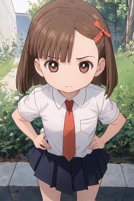 <lora:kinoshita_ringo_v1:0.9> 1girl, solo,  kinoshita ringo,  white collared shirt, red necktie, pleated skirt, standing, hands on hips, (anger:0.6)