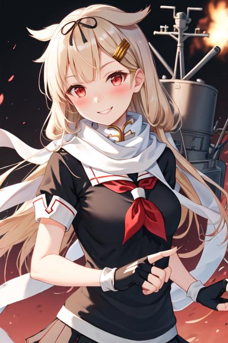 best quality, masterpiece, highres, solo, {yuudachi_kantaicollection:1.15}, long_hair, blonde_hair, ribbon, hair_ribbon, hair_flaps, hair_ornament, red_eyes, hairclip, black_ribbon, smile, blush, serafuku, breasts, 1girl, black_serafuku, fingerless_gloves, gloves, looking_at_viewer, scarf, school_uniform, black_gloves, neckerchief, red_neckerchief, upper_body, white_scarf