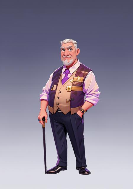 European and American cartoons, game characters, original designs, 1boy, male focus, old, facial hair, ring, jewelry, old man, necktie, cane, formal, mustache, gradient background, wrinkled skin, gradient, full body, suit, white hair, vest, beard, standing, manly, mature male, pants, purple necktie, shoes, short hair, black footwear  <lora:ouka:1>