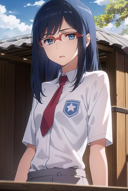 chirikotsurumi, <lora:chiriko tsurumi s1-lora-nochekaiser:1>,
chiriko tsurumi, long hair, blue eyes, blue hair, glasses, red-framed eyewear,
BREAK school uniform, necktie, watch, wristwatch,
BREAK outdoors, house, fields, grass, sky, sun, clouds,
BREAK looking at viewer, (cowboy shot:1.5),
BREAK <lyco:GoodHands-beta2:1>, (masterpiece:1.2), best quality, high resolution, unity 8k wallpaper, (illustration:0.8), (beautiful detailed eyes:1.6), extremely detailed face, perfect lighting, extremely detailed CG, (perfect hands, perfect anatomy),