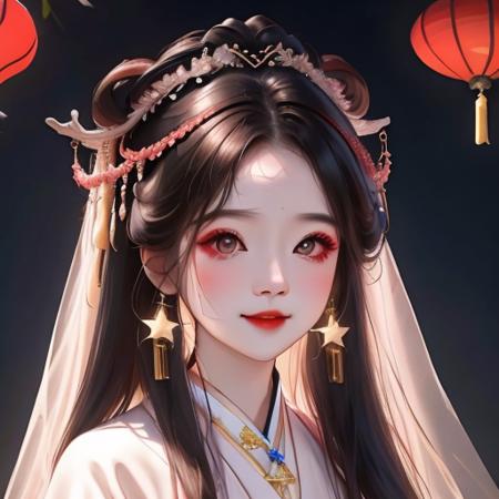 best quality, masterpiece, highres, 1girl,blush,(seductive smile:0.8),star-shaped pupils,china hanfu,hair ornament,necklace, jewelry,Beautiful face,upon_body, tyndall effect,photorealistic, dark studio, rim lighting, two tone lighting,(high detailed skin:1.2), 8k uhd, dslr, soft lighting, high quality, volumetric lighting, candid, Photograph, high resolution, 4k, 8k, Bokeh
 <lora:gufeng:1>