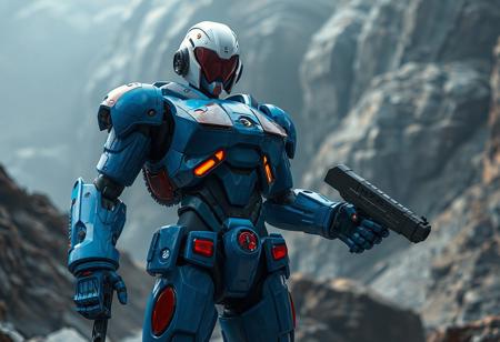 "A hyper-detailed concept art scene featuring the Elemental HERO Inferno, a vibrant blue robot standing confidently against a Mystic Mine background. The robot's head is black, contrasting with its white helmet, and it wields a gun in its right hand while resting its left hand on its hip, adding to its assertive stance. Positioned slightly off-center, the composition is balanced and dynamic. Rendered in hyper-realistic 3D with Octane Render, the scene showcases sharp lines, stunning colors, and impeccable balance. Inspired by contemporary aesthetics and Grammer Effect Style, the image conveys vivid emotions and a powerful message. Trending on ArtStation, 4K, ultra-detailed, and impeccably composed."
