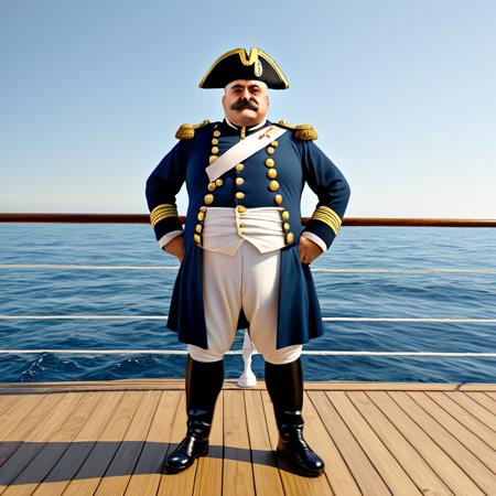 Full body in frame, from head to toe, wide angle view from side, distant camera, long shot, wide shot.Full body in frame, from head to toe, wide angle view, distant camera, long shot, wide shot.  
A fat middle-aged Turkish-German man standing confidently on the deck of a large wooden battle ship, at sea.  
He is wearing a detailed 19th century navy officer uniform with golden epaulettes, a blue coat, brass buttons, and a tricorn hat.  
Strong physical body, musclechub, burly, thick arms and legs, barrel chest.  
Masculine square face, big nose, thick eyebrows, broad chin.  Background is sea.
Realistic lighting, moonlight, 8k, photorealistic, ultra detail, clothes and body details
 <lora:Better_expressionsH:0.6> <lora:detailed_notrigger:0.7> <lora:Walrus_Mustaches:0.6>