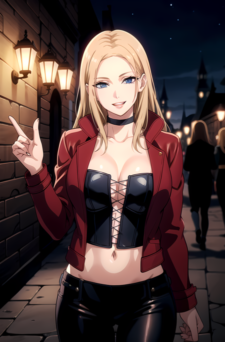 DMC4Trish, blue eyes, hair slicked back bustier, cleavage, midriff, leather wristbands, leather pants