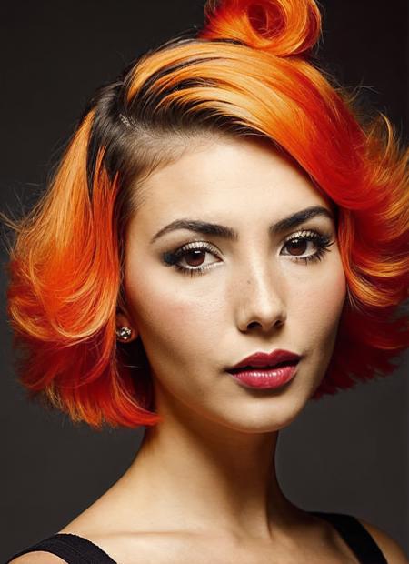 portrait of sks woman by Flora Borsi, style by Flora Borsi, bold, bright colours, orange Mohawk haircut, ((Flora Borsi)), <lora:locon_andreabotez_v1_from_v1_64_32:1.25>