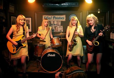 "The Idaho Potatoes", An all female 'New Wave band from Boise Idaho, Aoife on Guitar, Brigid on Drums, E.M. on Keyboards, Gwyneth on Saxophone, all dressed in old potato sacks and fishnet stockings, They are performing on stage in a small smoke filled pub in Birmingham England, somehow a 'producer' had seduced E.M. and left her pregnant-then abandoned them after he took all their money and left them in the middle of a Birmingham street, They hope to make it big in the coming decade (the 1980's), but Gwyneth is doubtful and is thinking about leaving the band,