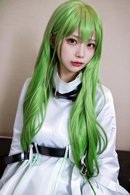 best quality, ultra high res, 1girl, cosplay, realistic,  green hair, long hair, straitjacket, <lora:koreanDollLikeness_v15:0.8>,  <lora:CC-cg:1>, upper body,