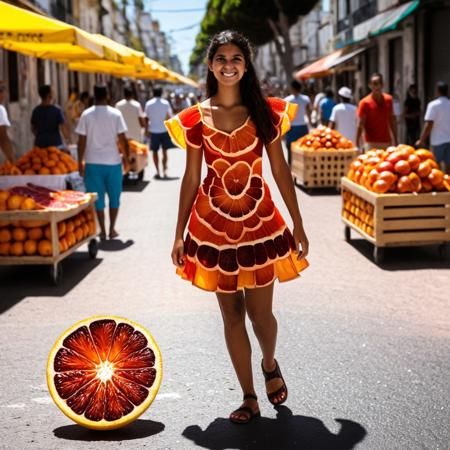 Brazilian girl, selling orange fruit in streets, wearing orange sliced shaped dress, <lora:blood_orange_world_morph_sdxl:1> , sunny day, people walking, vendor stand, blood orange style
