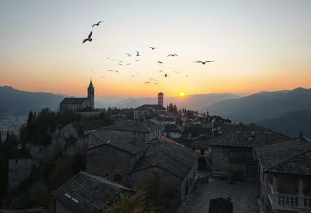 professional photo, photo of a distant old European mountain village with medieval cobblestone streets and an old cathedral, a small flock of birds fly over the town mere dots in the distance, at twilight, sun glows just over the horizon