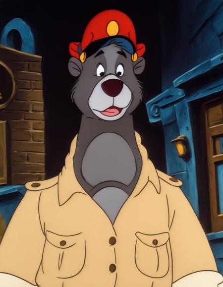 disney style cartoon,  <lora:TaleSpin_-_Baloo_2:0.8> 1boy, bear baloo, cartoon, face, furry, hat, male focus, peaked cap, red headwear, solo, yellow shirt, candy world of disney,( in art style Picasso:1.2), walking on the street, (comedic photograph of the year), [(dimmed, night, dark:1.5) ::0.5], screenshot from the 1983 film,, ultra quality