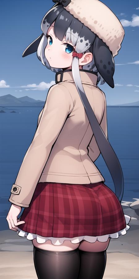 narwhal_(kemono_friends), narwhal_fins, narwhal_Personal_Fashion, (from behind:1.05), white_panties, hat, bow, coat, long_sleeves, high_collar, red_skirt, pleated_skirt, plaid_skirt, frilled_skirt, black_thighhighs, red_hair_bow, multicolored_hair, grey_hair, black_hair, white_hair, blue_hair, short_hair_with_long_locks, side_ponytail, short_hair, blue_eye, blush, 1girl, solo, looking_at_viewer, 
 <lora:narwhal_(kemono_friends)_v2.1:0.65>