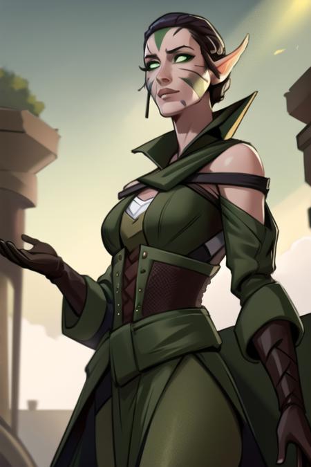 green eyes,facial mark, Nissa mage staff,holding