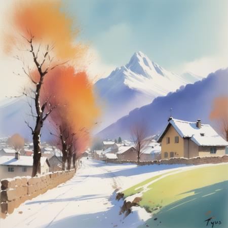 English Countryside in the winter, snowy mountain in the background, bright sunny day, art by tyrus wong, art by Studio Ghibli <lora:Bambi:1>, Painting, Landscape, Snowy, Mountains, Houses, Trees, Winter, Artistic, Colorful, Scenic, Rural, Cold, Snow-covered, Mountainside, Town, Painterly, Illustration, Postcard, Artwork, Pastel, Watercolor, Alpine, Pastoral, Charming, Picturesque, Serene, Idyllic, Cozy, Nostalgic, Romantic, Dreamy, Impressionistic, Realistic, Vivid, Vibrant, Lively, cold, Inviting, Enchanting, Magical, Enthralling, Captivating