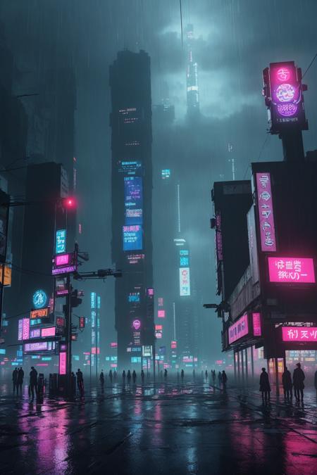a dark dystopian version of Yokohama city, towering buildings with glowing signs, rain-soaked streets, cyberpunk atmosphere, reflective puddles, foggy background, neon blue and magenta tones, high detail, ultra-realistic cityscape, dramatic shadows, moody cinematic style