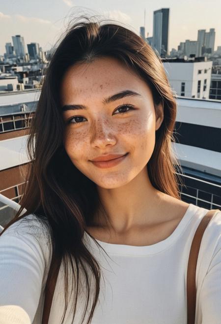 instagram selfie , a 23 year old gorgeous woman , slight smile , beautiful smile, detailed skin face and eyes , natural lighting , sun at rooftop, long hair, white low-cut top,  film grain, low contrast, natural face , freckles , black hair , brown eyes, dark circles under eyes, slim breasts, round breasts, sun