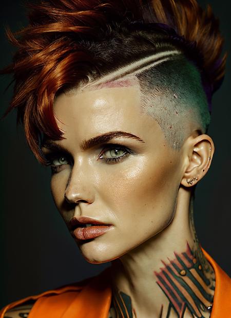 portrait of sks woman by Flora Borsi, style by Flora Borsi, bold, bright colours, orange Mohawk haircut, ((Flora Borsi)), <lora:locon_ruby_v1_from_v1_64_32:1.3>