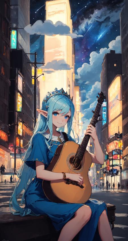 (simple drawing, sketch:1.1), masterpiece, best quality, the cloud elf queen busks on the streets of new york, cute, casual, sitting, playing guitar, dark moody lighting, night sky, night, starry sky, glittering, dark, (smile:0.8)