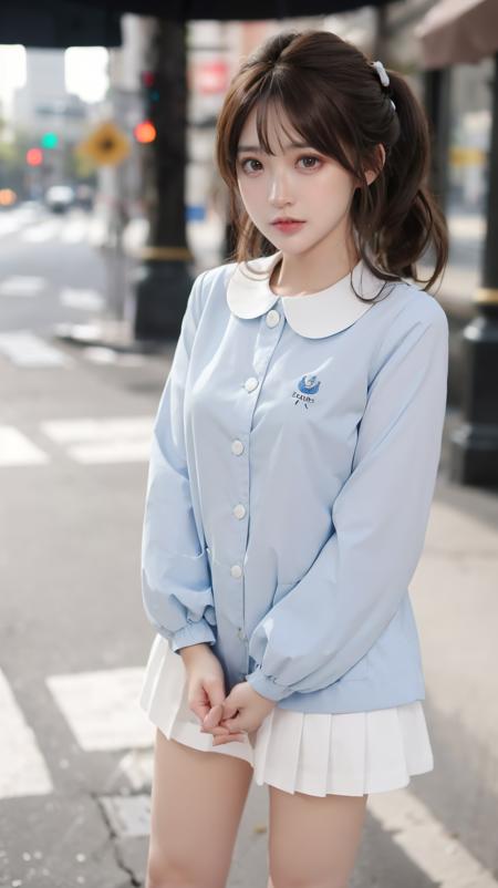 white skirt,kindergarten uniform,blue shirt,