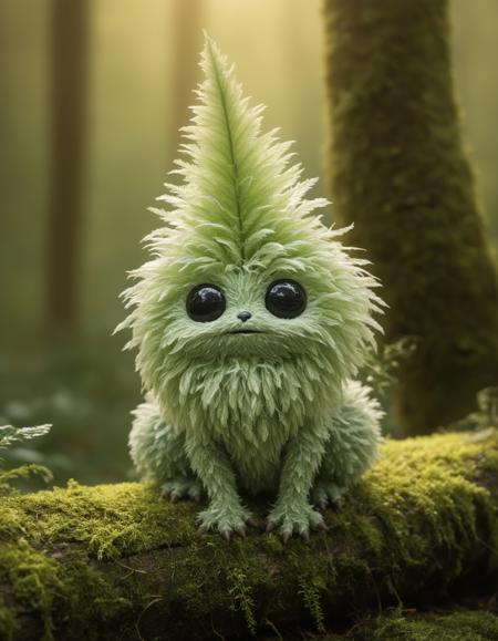 "Depict a charming plant-inspired creature with a fluffy body covered in layered, feathery leaves, each tipped with glistening dew. Its round form is accentuated by its large, glossy black eyes that radiate innocence and wonder. Two tiny leaf sprouts emerge from its head, and its pale green coloring is complemented by hints of white and translucent details on its leafy fur. The creature is placed on a mossy log in a forest bathed in soft, golden light, with blurred, dreamy foliage in the background enhancing its magical and whimsical aura."