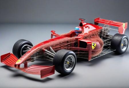 ((full height Ferrari racing car made of colored wire)), good posture