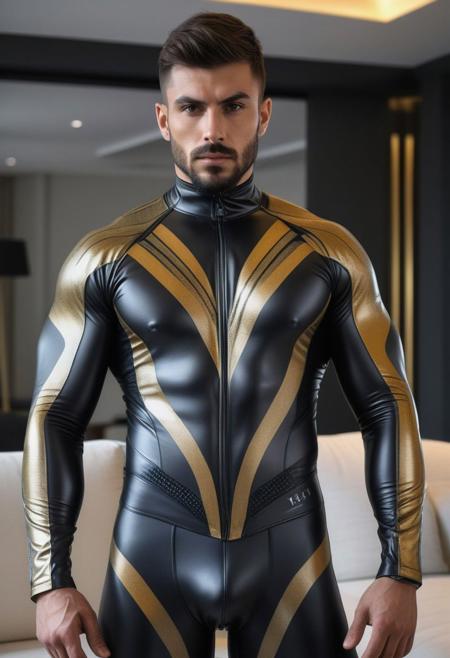 two strong 26-year-old italian bodybuilder males, with a side fringe curtains hairstyle, detailed face, confused expressions, wearing a skin tight black latex cybernetic suits with gray and gold latex details, wearing skin tight gray latex jockstraps, standing at attention posture,  on a modern living room, looking to the camera, detailed face, professional photography, shot on sony a 7RIII , looking to the camera,  detailed skin face and eyes, natural lighting ,  film grain, low contrast, natural face,  dark circles under eyes