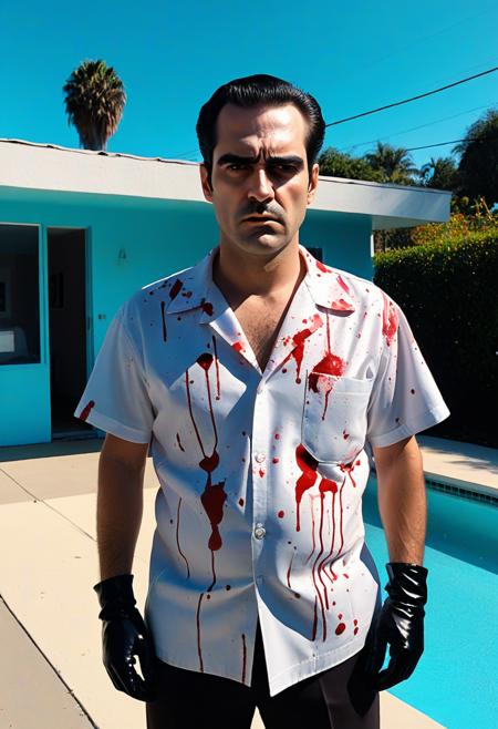 devastatingly handsome Miami blood spatter analyst in a guayabera Cuban shirt, thick dark eyebrows, close-set eyes with thick lashes, bedroom eyes that are completely empty and soulless, European nose, angular face with square jaw, perfect proportions, looking down, standing and looking directly at viewer with intense Kubrick stare, head tilted slightly down while eyes look up, unsettling fixed gaze with no emotion behind the eyes, wearing black leather gloves, holding a scalpel, arms at his side with hands hanging at waist level, handsome facade masking complete emptiness, full body, crime scene tape,, vibrant acrylic painting style, bold flat colors, clean geometric compositions, bright California sunlight, crisp shadows, modernist architecture, swimming pool blue tones, perfectly manicured landscapes, mid-century modern aesthetic, saturated color palette, smooth gradients, minimal detail work, contemporary pop art influence, architectural precision, optimistic 1960s atmosphere,