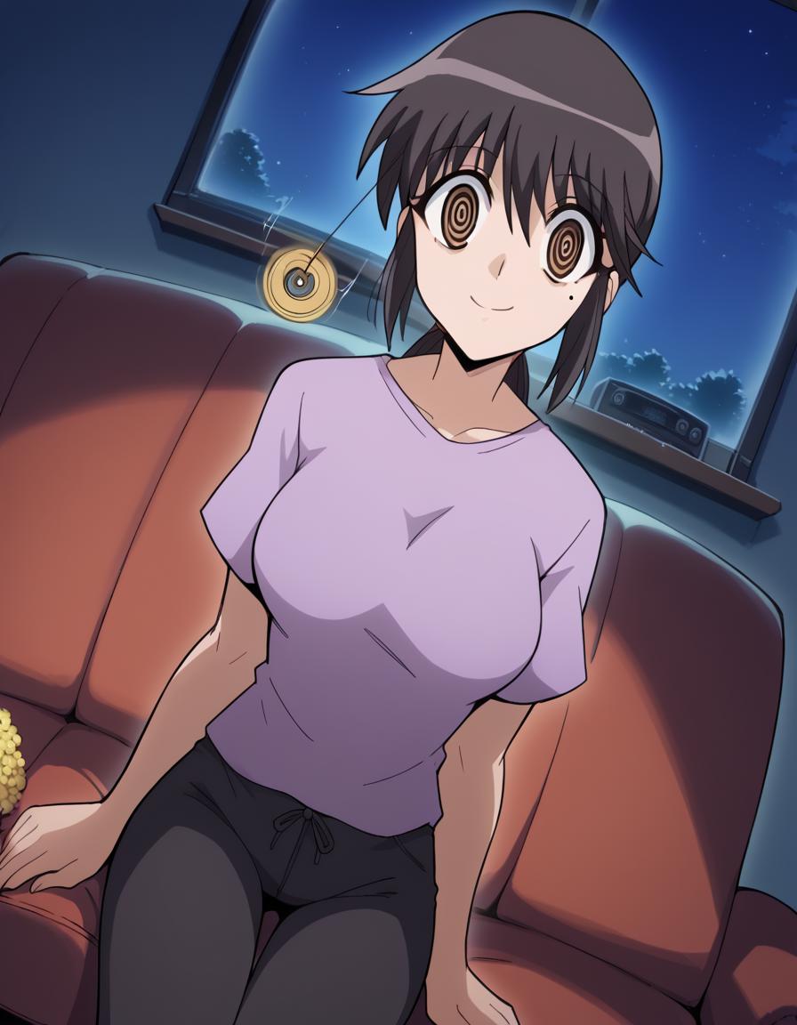 score_9, score_8_up, score_7_up, source_anime, <lora:fumio-usui-s1-ponyxl-lora-nochekaiser:1>, fumio usui, long hair, black hair, brown eyes, ponytail, mole, mole under eye, medium breasts,, shirt, purple shirt, short sleeves, pants, black pants,, living room, television, couch, popcorn, watching movie, night time, sitting,, smile, <lora:pendulum-ponyxl-lora-nochekaiser:1>, pendulum, holed coin, coin on string, hypnosis, mind control, coin, @ @,, looking at viewer, solo,, dutch angle, cowboy shot