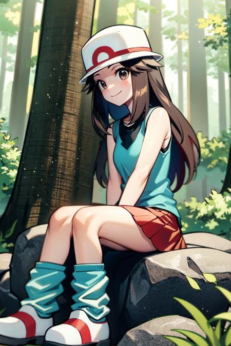 solo,  lf,  red skirt,  blue shirt,  sleeveless,  white hat,  loose socks,  white footwear,  smile,  closed mouth,  forest,  sitting on rock,<lora:EMS-252979-EMS:0.800000>